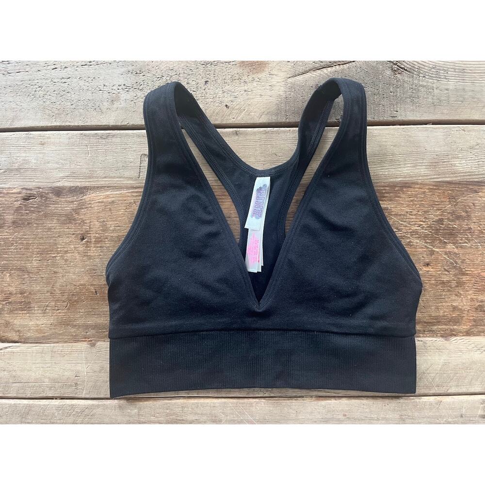 PINK Victoria's Secret Pure Black X-SMALL Seamless Plunge Bralette‎ Sport Bra